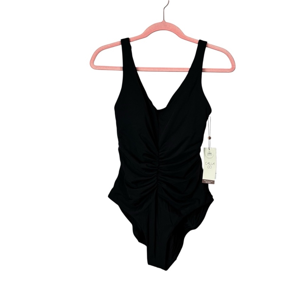Calia ruched one piece pure black high leg tummy control moderate support sz 6